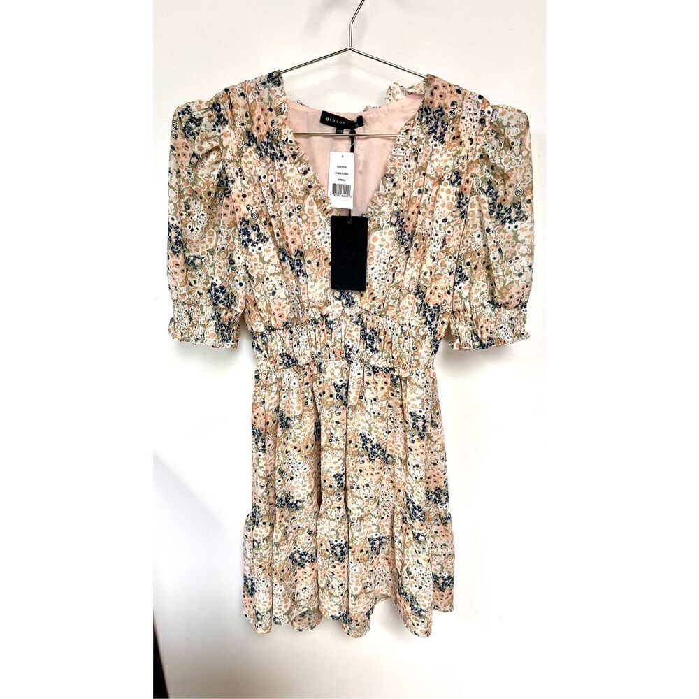 Gibsonlook Womens Multicolor Floral Smocked Cuff Elastic Waist Ruffled Dress XXS